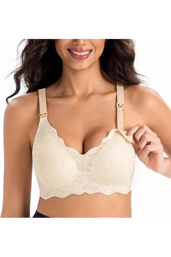 Lace Seamless Nursing Bra for Breastfeeding, Padded Maternity Bra with Jelly Strip Support, Soft Deep V