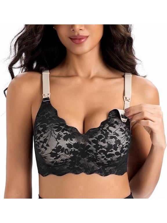 Lace Nursing Bra for Breastfeeding, Black Seamless Padded Maternity Bra with Fixed Padding,Soft Deep V Bra Sleep Bralette for Women L