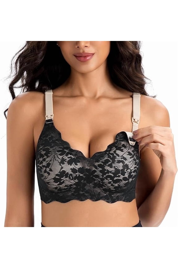Lace Nursing Bra for Breastfeeding,Seamless Padded Maternity Bra with Fixed Padding,Soft Deep V Bra Sleep Bralette for Women M