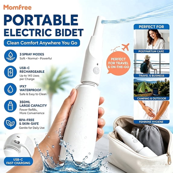 Momfree Portable Bidet for Travel & Postpartum Care, Rechargeable Handheld Bidet Sprayer with 3 Spray Modes, USB-C Charging, IPX7 Waterproof
