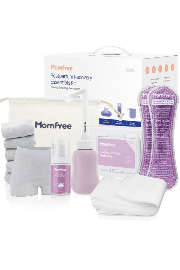 Postpartum Essentials Recovery Kit: Labor Delivery Post Partum 7 Pack Recovery Mom Care Set - Upside Down Peri Bottle,XL Disposable Underwear,Soothing Pads,Perineal Healing Foam,Canvas Bag