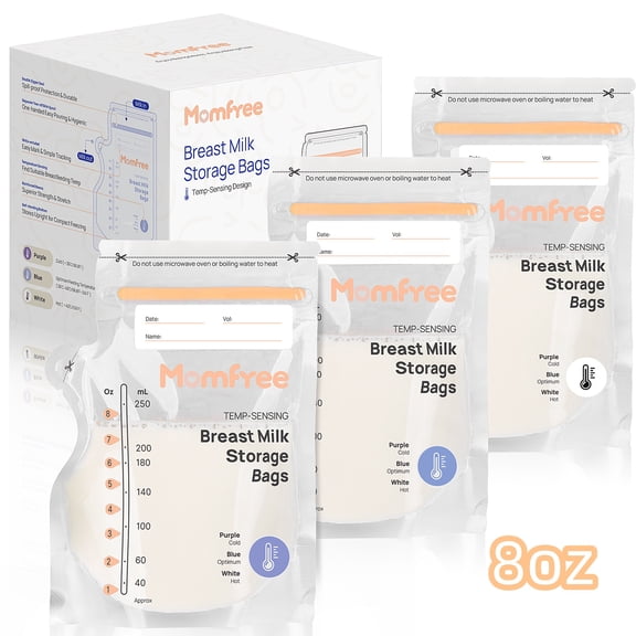 Momfree Breastmilk Storage Bags, 8oz/240ml, 60 Count, Sterile Disposable Temp-Sensing Freezer Milk Bags
