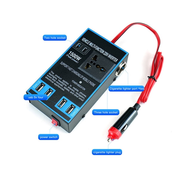 Momihoom 1500W Power Inverter with 2 AC Outlets, 4 USB Ports, and 2 Cigarette Lighter Sockets for Car, Truck, and RV