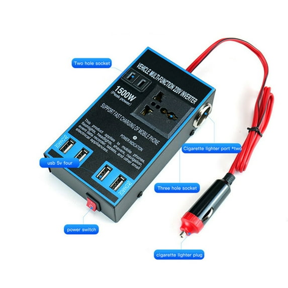 Momihoom 1500W Power Inverter with 2 AC Outlets, 4 USB Ports, and 2 Cigarette Lighter Sockets for Car, Truck, and RV