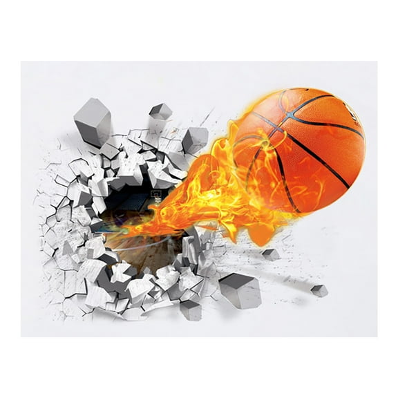 Momihoom 3D Flaming Basketball Breaking Through Wall Sticker, Dramatic Sports-Themed Wall Decal