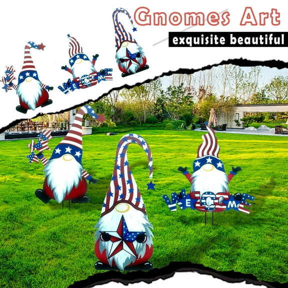Momihoom 4th of July Outdoor Decorations, 3PCS Metal Gnome Patriotic Garden Yard Signs Stakes Decorations, Patriotic Gnomes Yard Stakes, Memorial Day Independence Day