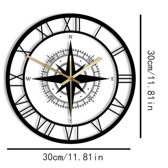 Momihoom Compass Rose Wall Clock with Roman Numerals, Nautical Inspired Timepiece for Home and Office Decor