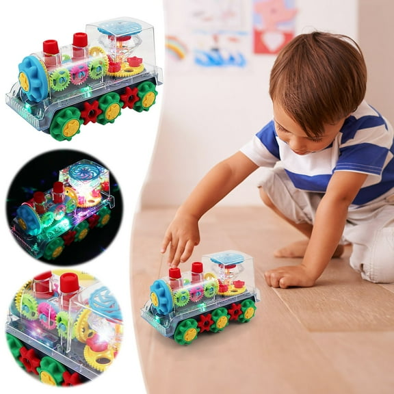 Momihoom Electric Transparent Gear Train Toy with Flashing Lights and Music, 360 Rotation, Battery Operated Bump and Go Car Toddler Toys, Multicolored, for Boys Girls 3+