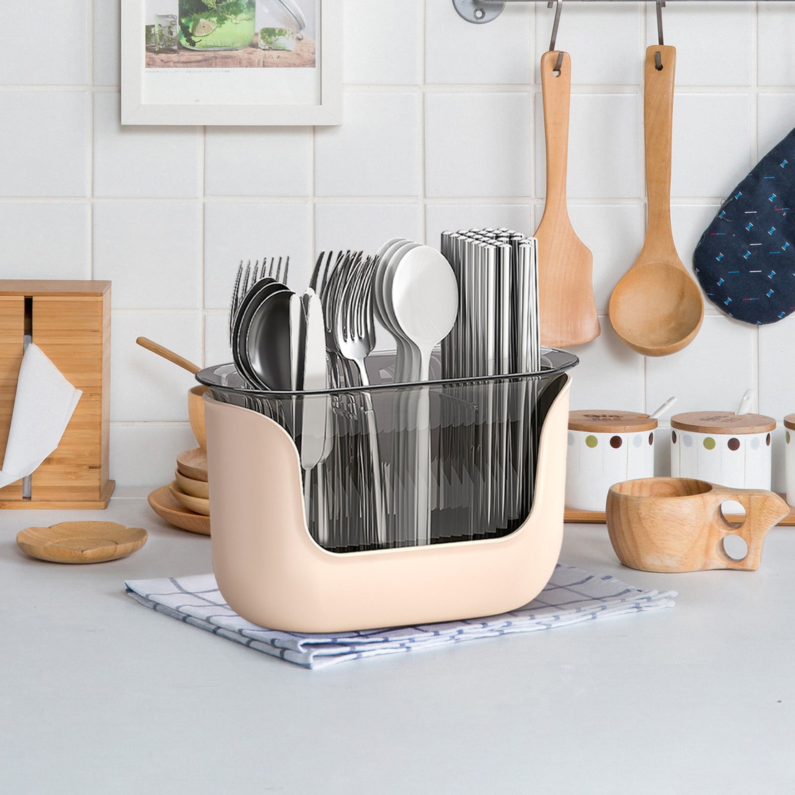 Rustic Wood Paper Plate Dispenser & Utensil Caddy - 6-Compartment Kitchen Counter Organizer - View #7