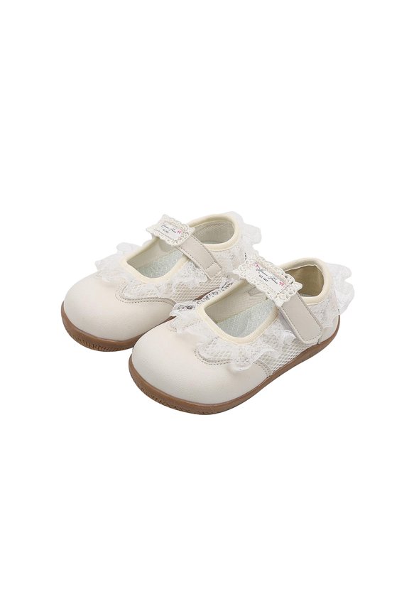 Momihoom Girls' Lace Ruffle Mary Jane Flats, Soft-Soled Hook-and-Loop Dress Shoes for Toddlers