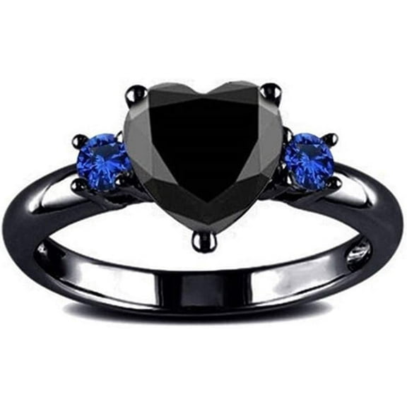 Eleusine Trendy Black Gun Color Love Heart Charm Finger Ring for Women Blue Black Crystal Wedding Ring Valentine's Day Gift Size 6