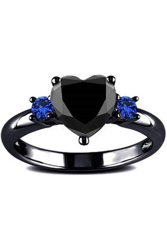 Eleusine Trendy Black Gun Color Love Heart Charm Finger Ring for Women Blue Black Crystal Wedding Ring Valentine's Day Gift Size 6