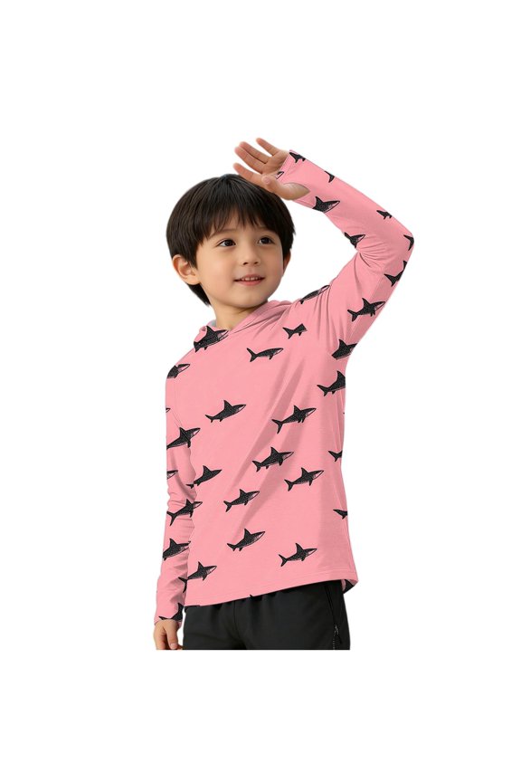 Momihoom Kids' Hooded Long Sleeve Sun Protection Top, Shark Print Casual Summer Fashion Shirt
