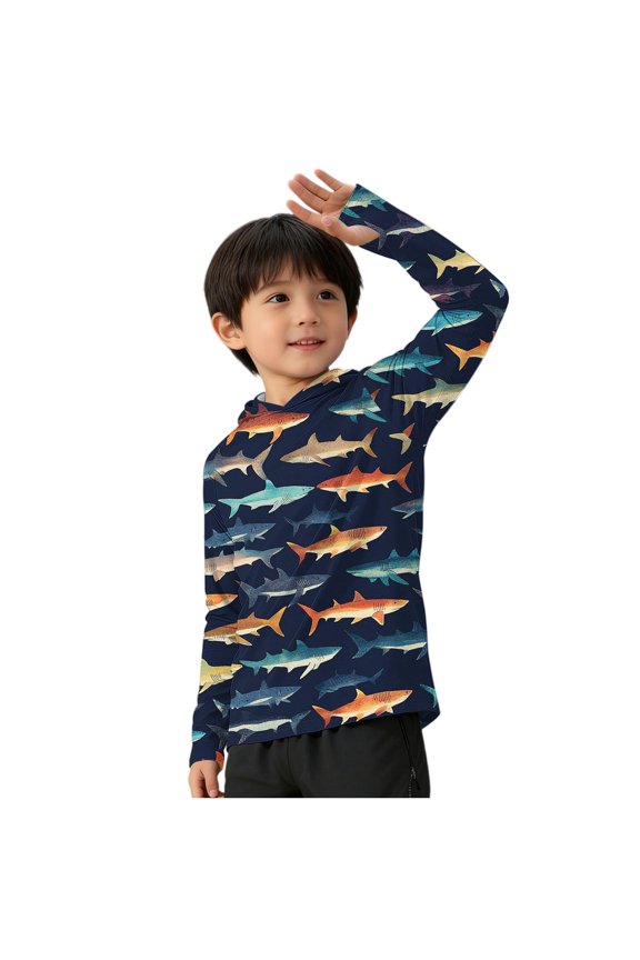 Momihoom Kids' Hooded Long Sleeve Sun Protection Top, Shark Print Casual Summer Fashion Shirt