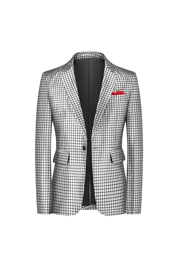 Momihoom Men's Checkered Lapel Blazer, Casual Fashion Single-Breasted Suit Jacket with Pocket Square