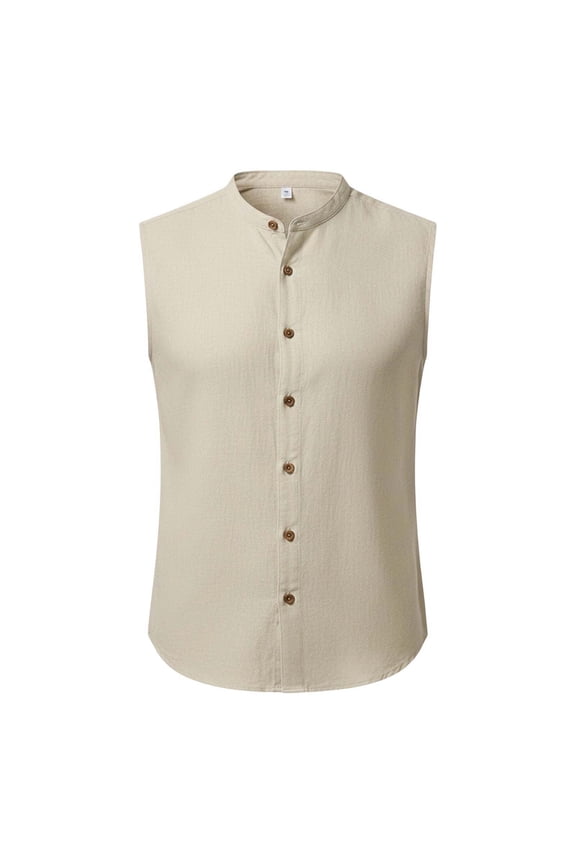 Momihoom Men's Sleeveless Mandarin Collar Linen Shirt, Casual Button Front Vacation Top