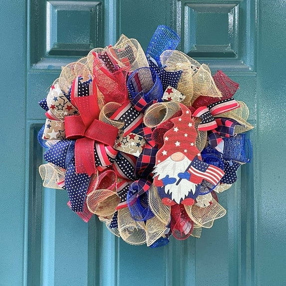 Momihoom Patriotic Day Memorial Day Color Burlap Mesh Wreath for Front Door Independence Day 4th of July Wreath Red White Blue Ribbon Mesh Wreath