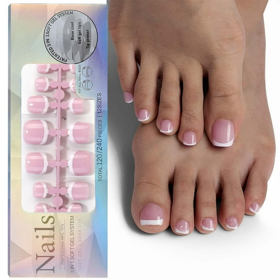 Momihoom Press on Toenails Short Square Fake Toes Brown White Gradient Press on French Toenail Tips 3 IN 1 Soft Gel Tips
