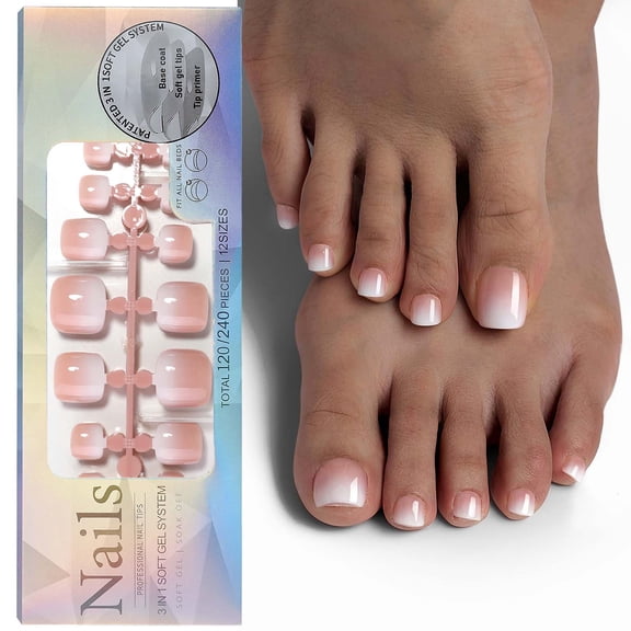 Momihoom Press on Toenails Short Square Fake Toes Brown White Gradient Press on French Toenail Tips 3 IN 1 Soft Gel Tips