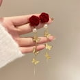 thumbnail image 1 of Momihoom Red Bow Earrings Gold Red Ribbons Bow Flowers Long Tassel Drop Dangle Earrings Dainty Rose Pearl pendant Stud Earrings Velvet Hypoallergenic Pierced Earrings Jewelry Gifts for Women, 1 of 6