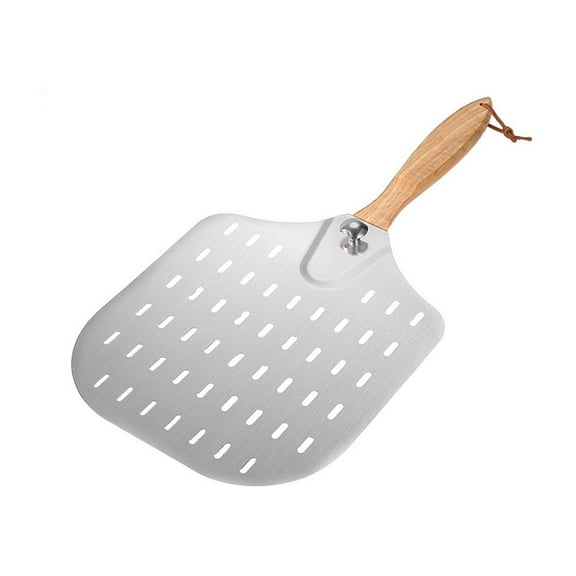 Momihoom Stainless Steel Perforated Pizza Transfer Peel, Foldable Design with Solid Wood Handle
