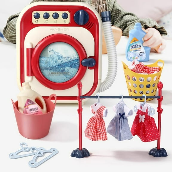 Momihoom Washing Machine Toy for Kids Dollhouse Furniture Pretend Play Household Appliance Laundry Play Set with Rotatable Roller for Children Birthday Present