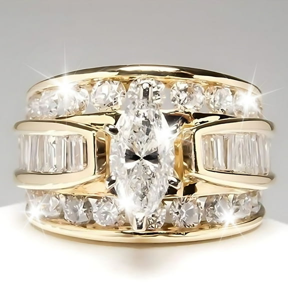 Momihoom Wedding Ring Set for Women 14K Gold Plated Marquise Cut CZ Engagement Rings Bridal Set Anniversary Promise Wideband Rings for Her(4 Pack)