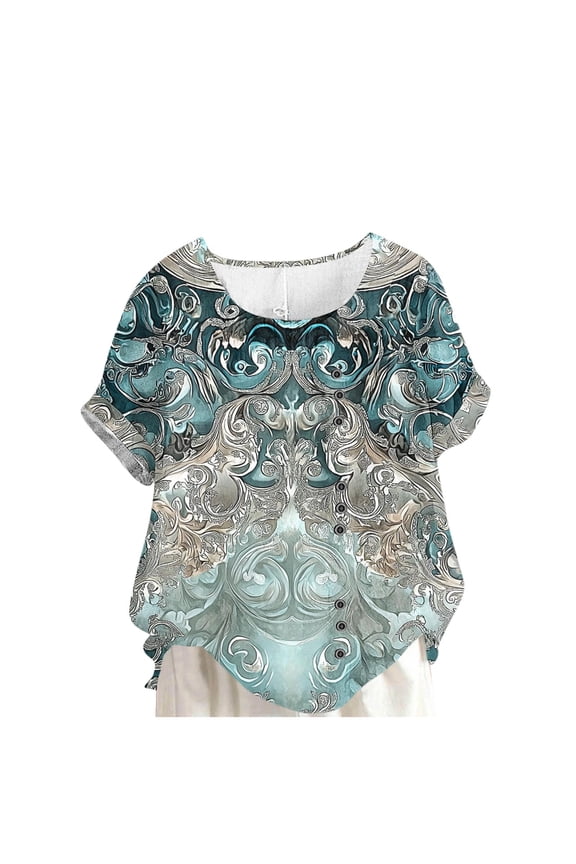 Momihoom Women's Artistic Swirl Print Short Sleeve Round Neck Blouse, Casual Button Decor Fashion Top for Daily Wear and Versatile Styling