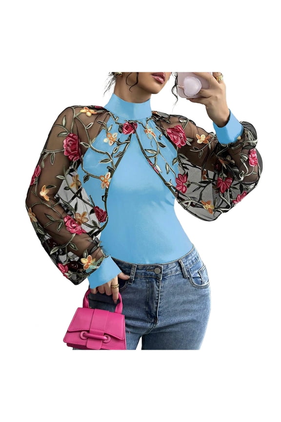 Momihoom Women's Floral Embroidery Mesh Long Sleeve Blouse, High Neck Patchwork Fashion Top for All Seasons