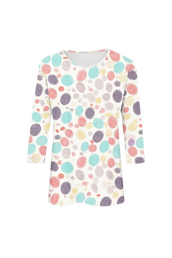 Momihoom Women's Playful Circular Print Crew Neck Three-quarter Sleeve Tunic Top - Casual Fashion T-Shirt
