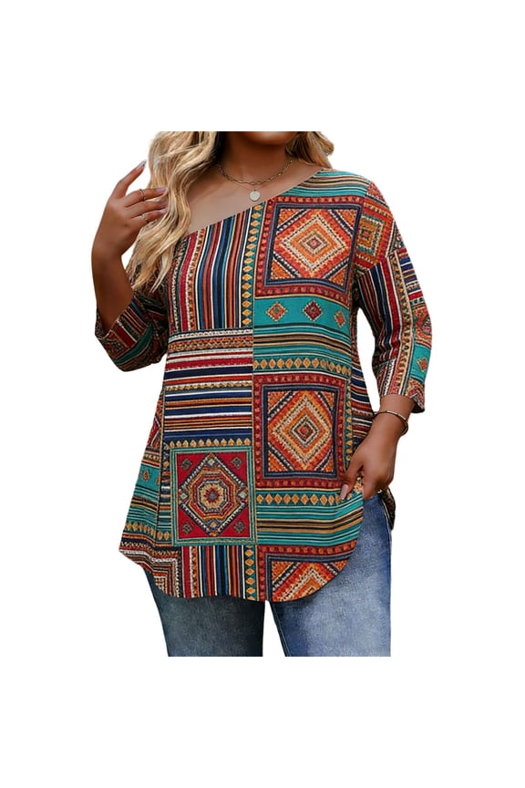Momihoom Women's Plus Size One Shoulder 3/4 Sleeve Patchwork Tribal Geometric Print Curved Hem Casual Tunic Top