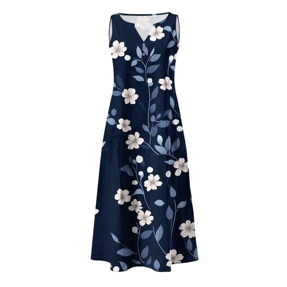 Momihoom Women's Sleeveless V-Neck Floral Print Midi Dress, Casual Button-Front Dress with Pockets