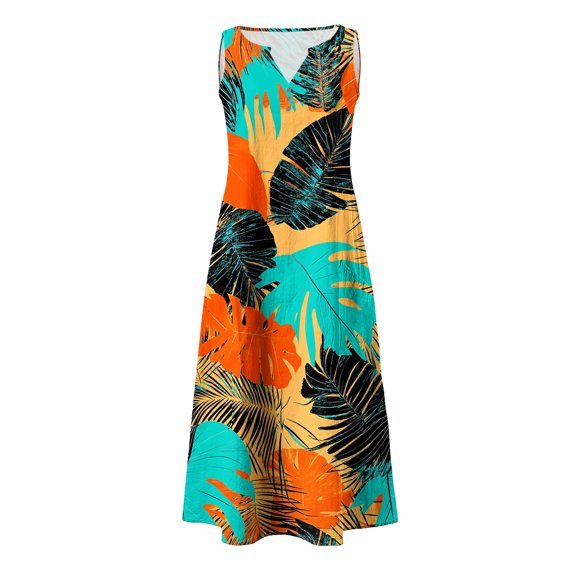 Momihoom Women's Sleeveless V-Neck Tropical Leaf Print Midi Dress, Casual Button-Accent Vacation Dress