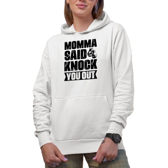 Momma Said Knock You Out Quote feat. Boxer or Boxing Gloves, White Hooded Sweatshirt or Hoodie, Small