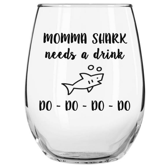 Momma Shark Needs a Drink - Do Do Do Do Funny Novelty Libbey Stemless Wine Glass with Sayings for Moms, Birthday, Christmas, Mother's Day