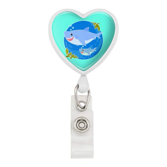 Momma Shark and Baby Swimming in Ocean Heart Lanyard Retractable Reel Badge ID Card Holder