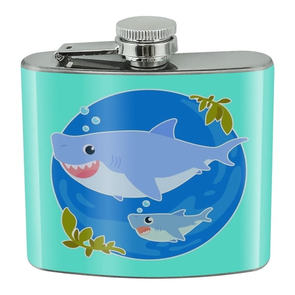Momma Shark and Baby Swimming in Ocean Stainless Steel 5oz Hip Drink Kidney Flask