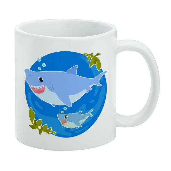 Momma Shark and Baby Swimming in Ocean White Mug