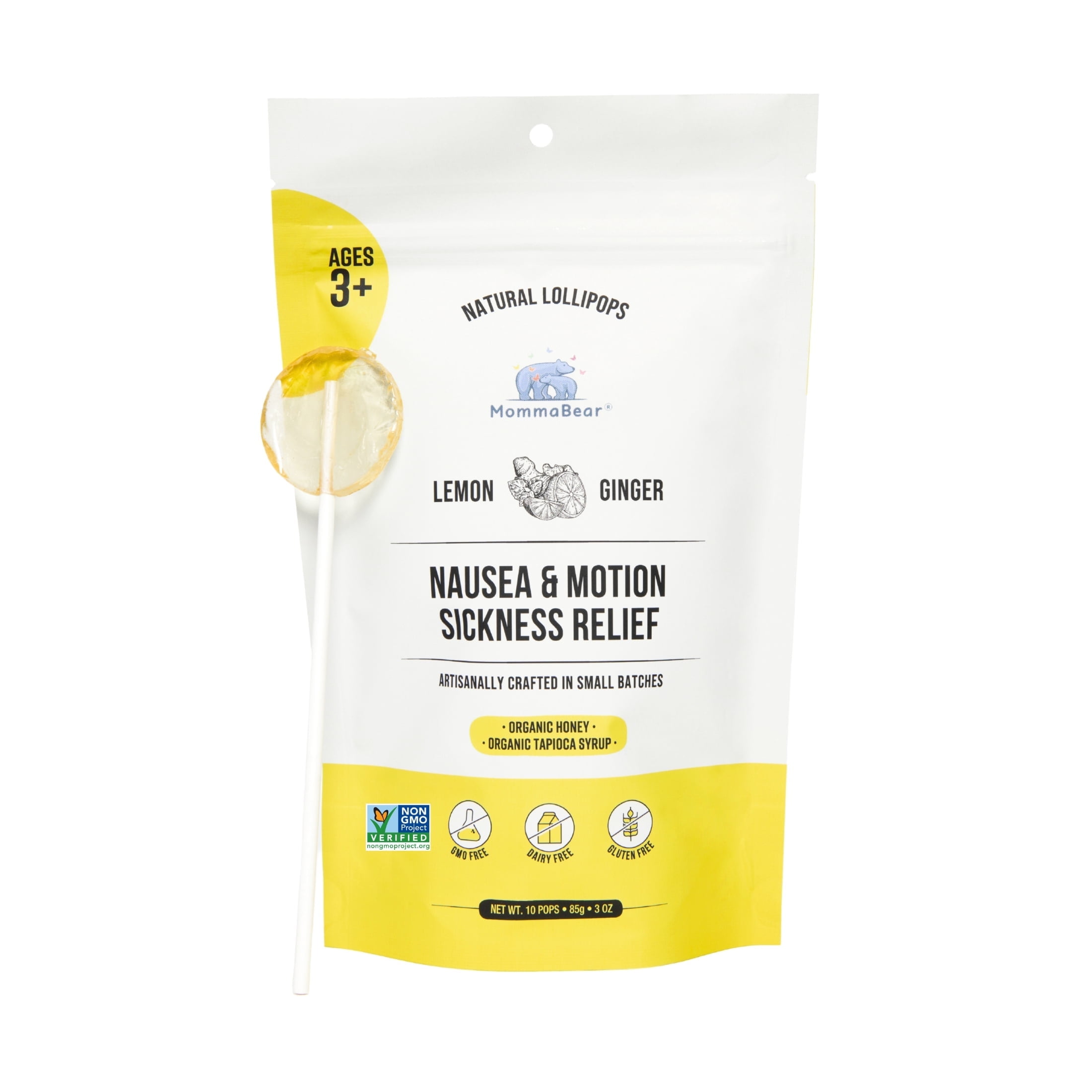 MommaBear Nausea & Motion Sickness Lollipops  Non-GMO Lemon & Ginger Candy for Nausea  Morning Sickness Candy for Adults, Kids 3+ & Pregnancy Must Haves  Tightly Sealed for Freshness, 10 Count
