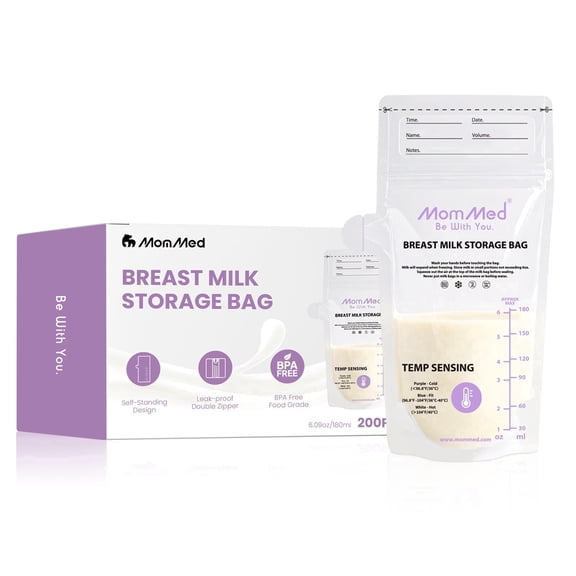 Mommed 200-Count Breast Milk Storage Bags, 6 oz/180 mL Pre-Sterilized Self-Standing Pouches with Pour Spout, Bpa-Free, Leak-Resistant and Temperature-Sensing