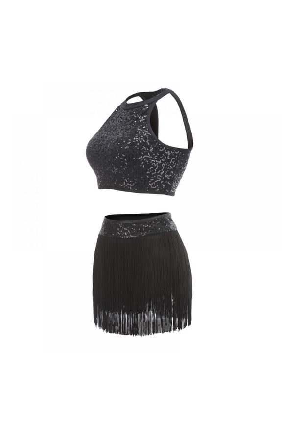 Mommy And Me Two-Pieces Dance Outfits Sleeveless Ballet Suit Crop Top+Sequin Tassel Skirt Gym Clothing Gymnastics Outfits (Adult 2Pcs Set)