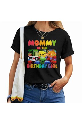 Mommy of the Birthday Girl Fruit Theme Family Matching Graphic Cotton Tee Women Adult Casual Party Celebration Comfortable T-Shirt for Everyday Wear, Size L, Color Black