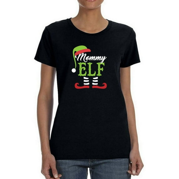 Mommy Elf Christmas Design Women Black T-Shirt, Female Small
