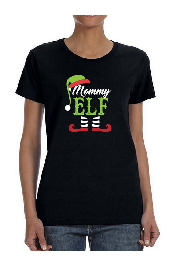 Mommy Elf Christmas Design Women Black T-Shirt, Female Small