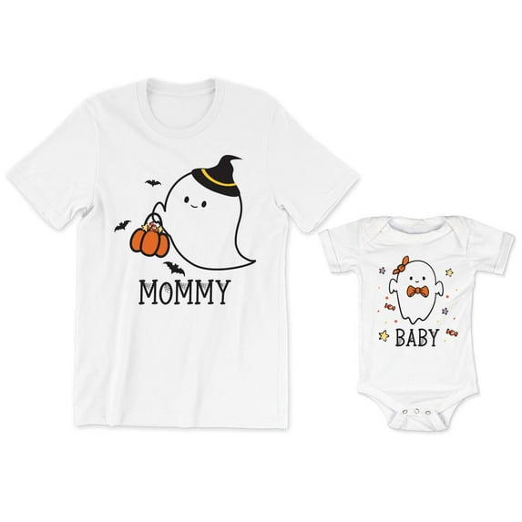 Mommy Ghost Women's T-Shirt Trick or Treating Pumpkin Graphic Tee Baby Ghost Bodysuit Kids Toddler Shirt Halloween Family Matching Mommy Daughter Son Outfits