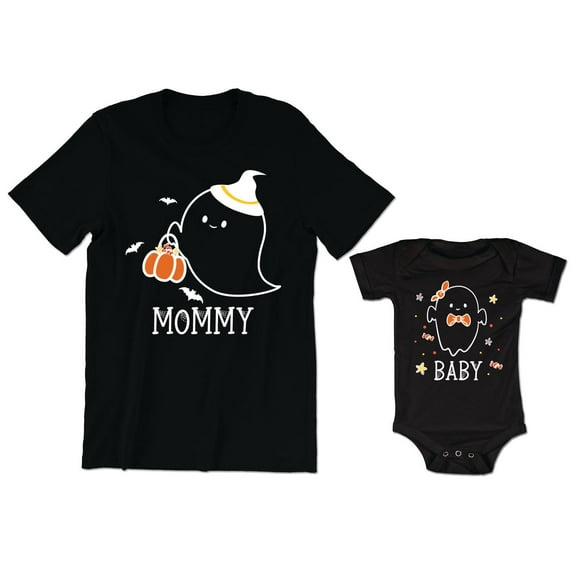 Mommy Ghost Women's T-Shirt Trick or Treating Pumpkin Graphic Tee Baby Ghost Bodysuit Kids Toddler Shirt Halloween Family Matching Mommy Daughter Son Outfits