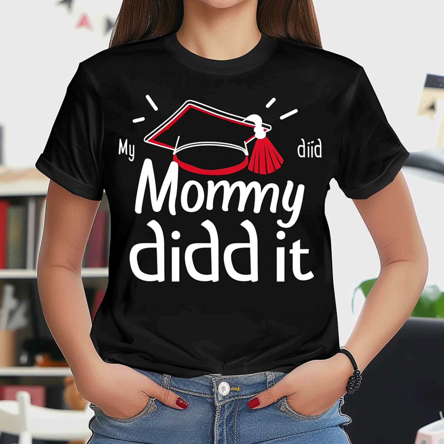 Mommy Graduation Celebration Black T Shirt with bold colors and fun