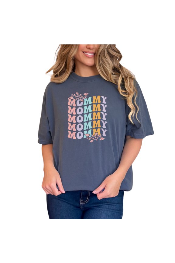 Mommy, Motherhood or Mother's Day Themed, Groovy Retro Wavy Text, Denim Comfort Colors T-Shirt, Small