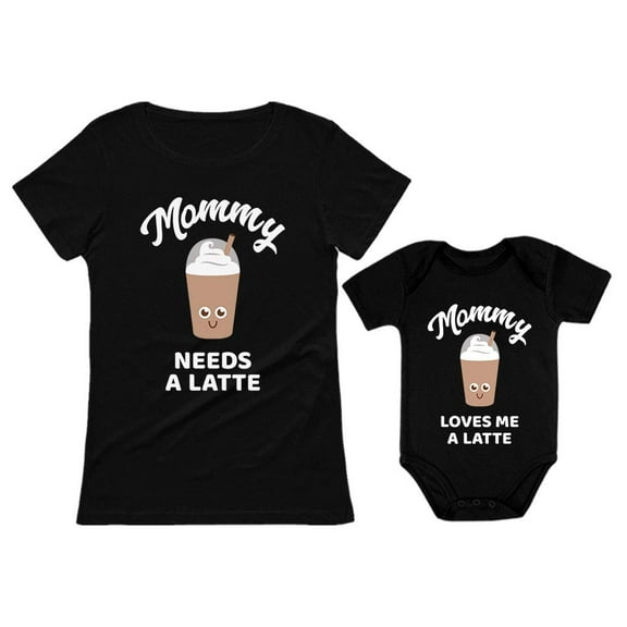 Mommy Needs a Coffee & Latte Matching Outfit for Mother and Baby Daughter / Son Women's Black XX-Large / Baby Black 24M (18-24M)