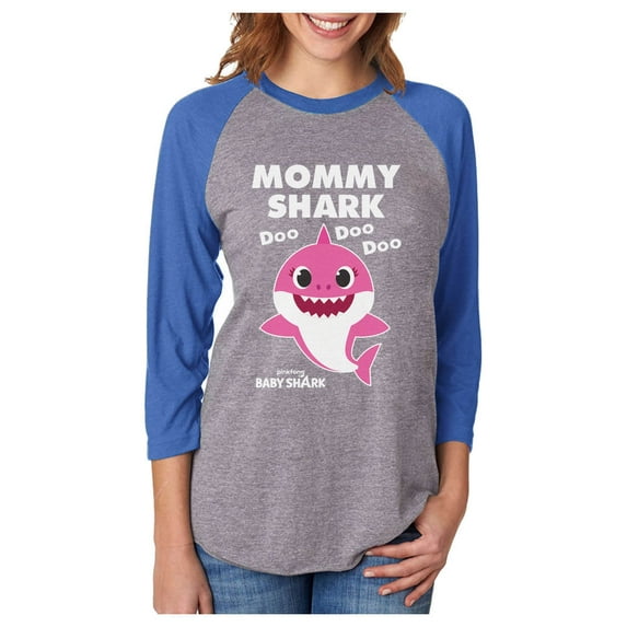 Mommy Shark Shirt Baby Shark Mother 3/4 Women Sleeve Baseball Jersey Shirt Small blue/gray